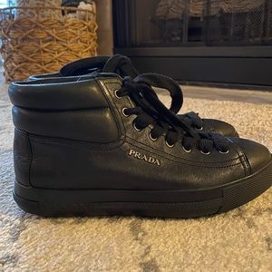 Prada Black Leather Sneakers High Top Solid Round Toe Athletic